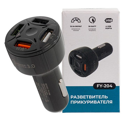 Автомобильное зарядное устройство FY-204, 12V-24V, USB 2, 3, 4:5V-Max 2.4A, QC3.0: 5V/3A,9V/2A,12V/1.5A KING FY-204