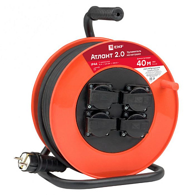 Удлинитель на катушке "Атлант 2,0" 4 гнезда 40м с заземлением ПВС 3*1,5 16А/3,5кВт IP44 PROxima EKF UKA02-16-315-4-40-IP44