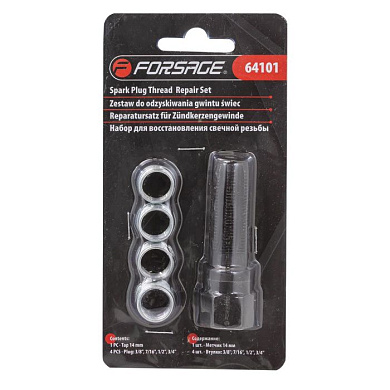 Набор для восстановления свечной резьбы 5 пр., метчик 14 мм, втулки: 3/8'', 7/16'', 1/2'', 3/4'' Forsage F-64101