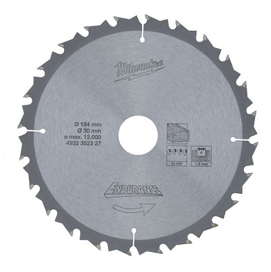 Диск пильный по дереву 184х30х1,8 мм., 24Z Milwaukee 4932352327