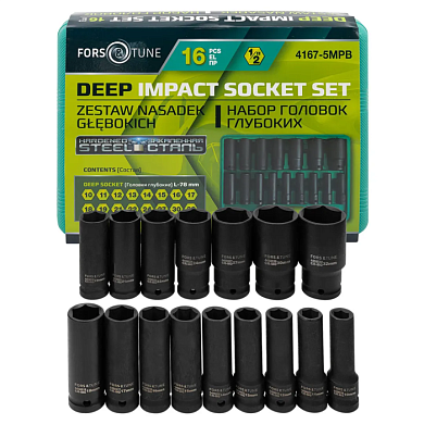 Набор ударных глубоких головок 10-32 мм 1/2'' 6-гр 16 пр FORSandTUNE FORSandTUNE-4167-5MPB