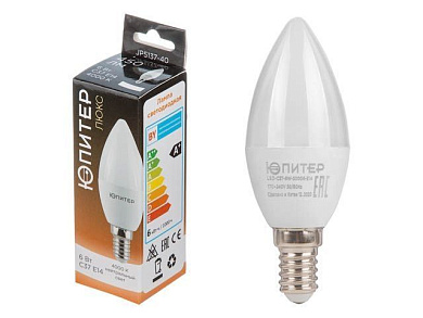 Лампа светодиодная C37 СВЕЧА 6 Вт 170-240В E14 4000К ЛЮКС Юпитер JP5137-40