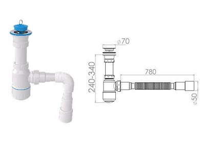 Сифон для умывальника с прикручивающимся выпуском 70 мм, с гибкой трубой 1 1/2" - 40/50 мм AV Engineering AVE129752