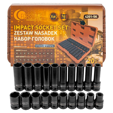 Набор головок 10-19 мм 20 пр., 1/2'' 6-гр. короткие 38 мм/глубокие 78 мм FORSTIME FT-4201-5K