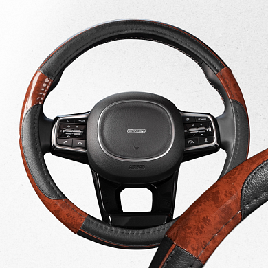 Оплетка экокожа M Wood- 7 Черная/вставки под дерево SKYWAY S01102326