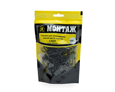 Саморез для гипсокартона 3.5x51, крупный шаг, к дереву, фосфат, дой-пак M, 155 шт МОНТАЖ MD001008