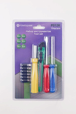 Отвертка с набором бит 10 пр. Помощник P012K