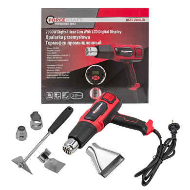 Фен промышленный электрический с дисплеем и насадками 220В,50/60Гц,2000Вт, 60-600С°, 300-500л/мин ForceKraft FK-HG55-2000LCD