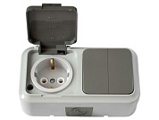 Блок выкл. 2 клав. + розетка (открытая, с/з, брызг. защ.) серая, Пралеска Аква, (IP54 пылебрызгозащищенные) Bylectrica 2В-РЦ-659(03)