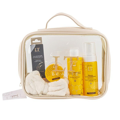 Набор по уходу за лицом для сухой кожи, тоник 1190, крем 1244, пенка 1251, бальзам 1756, повязка -бант белая, сумка-органайзер La and Te beaute LT-CB8