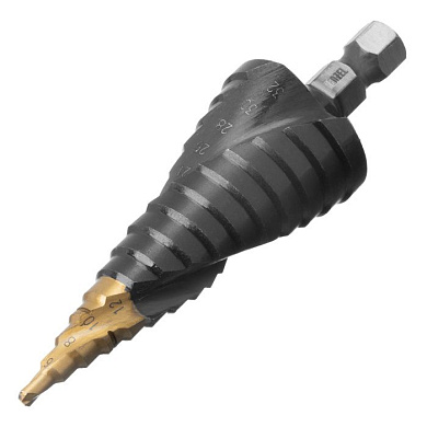 Сверло ступенчатое, 4-6-8-10-12-14-16-18-20-22-24-26-28-30-32 мм, Р6М5, 6-гр. хвостовик Denzel 723606