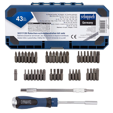 Набор бит 1/4" PH, PZ, SL, Torx, Torx TR, Hex, Square Head, с рукояткой и гибким удлинителем 43 пр Scheppach Sch-30311126