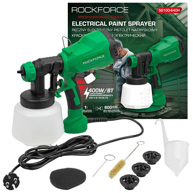 Краскопульт ручной электрический 230В, 400Вт, объем бачка 1 л, макс.расход краски 800мл/мин RockForce RF-SG100-640H