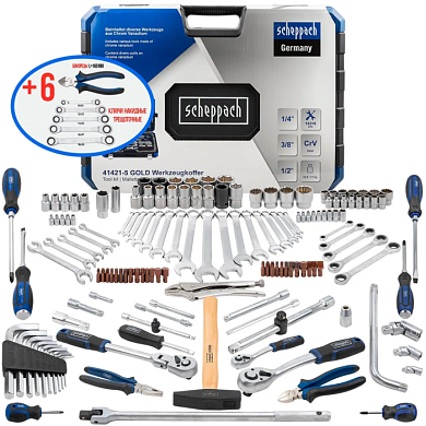Набор инструментов 142+6 пр 1/4''&3/8''&1/2'' 6-гр Scheppach Sch-41421-5 GOLD