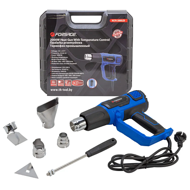 Фен промышленный электрический с насадками 220В,50/60Гц,2000Вт, 60/350/600С°, 50/300/500л/мин Forsage F-HG70-2000LED