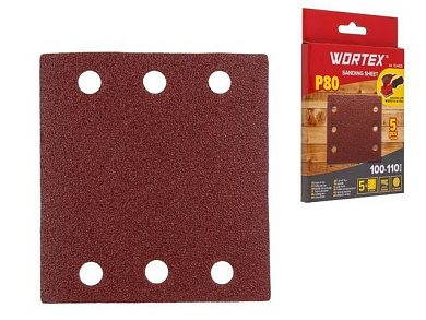 Шлифлист 100х110 мм Р80 д/дерева самосцепл. 6 отв. 5 шт WORTEX 1334430