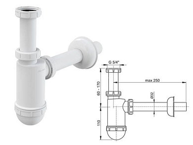 Сифон для умывальника O32 c накидной гайкой 5/4, Alcaplast A430-BL-01