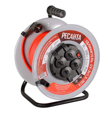 Удлинитель силовой на металлической катушке, СУ-3х1,5-30/3 (с выкл., 4 розетки, IP44) Ресанта 61/118/7