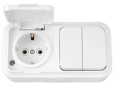 Блок выкл. 2 клав. + розетка (открытая, с/з, брызг. защ.) белая, Пралеска Аква, (IP54 пылебрызгозащищенные) Bylectrica 2В-РЦ-659