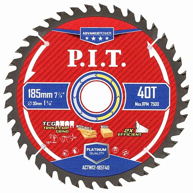 Диск пильный по дереву ADVANCE 185x30x2.0 мм, 40T Carbide, зуб TCG 15° PIT ACTW12-185T40