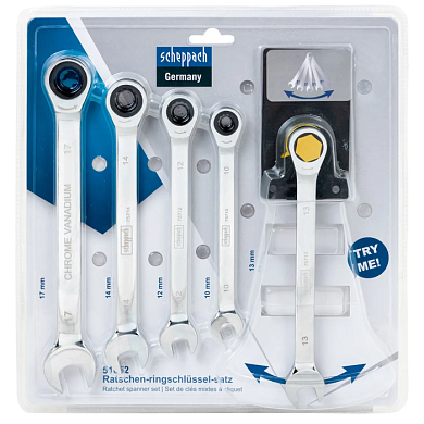Набор комбинированных трещоточных ключей 10, 12-14, 17 мм 5 пр Scheppach Sch-51052