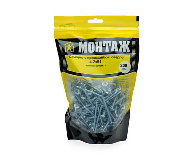 Саморез с прессшайбой 4.2x51, сверло, цинк, дой-пак L, 200 шт МОНТАЖ MD001077