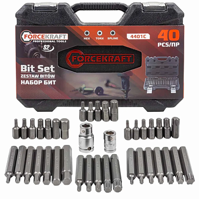 Набор бит Torx T20-T55, Hex H4-H12, Spline M5-M12, 10 мм, 75/30 мм с битодержателями 40 пр ForceKraft FK-4401C