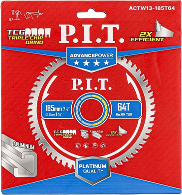 Диск пильный по алюминию ADVANCE 185x30x2.0 мм, 64T Carbide, зуб TCG 5° PIT ACTW13-185T64