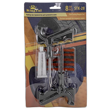 Набор инструментов для ремонта шин 8 пр., шило, протяжка-''мелкая спираль'', шнуры-5 шт, клей, KINGTUL KT-STK-28