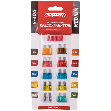 Предохранитель флажковый MEDIUM набор 10шт 5-30A с пинцетом блистер SKYWAY S09302001