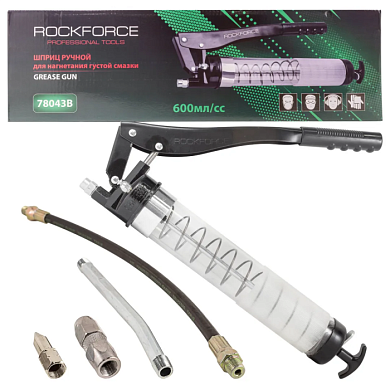 Шприц для нагнетания густой смазки ручной 600 мл, с наконечниками 170 и 330 мм прозрачная колба, 2 штока, ''под тубу'' RockForce RF-78043B