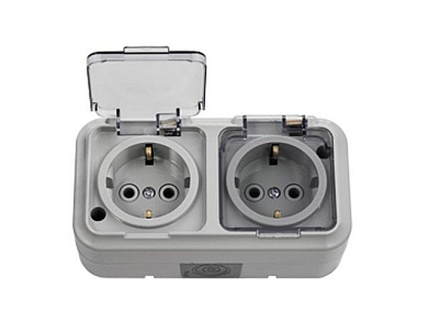Розетка 2-ая (открытая, с/з, брызг. защ.) серая, Пралеска Аква, (IP54 пылебрызгозащищенные, прозрачная крышка) Bylectrica РА16-303(02)