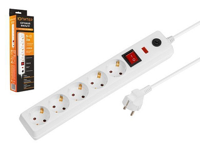 Фильтр сетевой 3м, 5 роз., 2,2кВт, с/з, выкл, ПВС 3х0,75 белый Юпитер JP8501-01