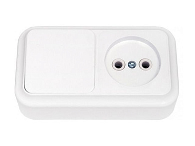 Блок выкл. 1 клав. + розетка (открытая, б/з) белая, Пралеска, Bylectrica В-РЦ-521