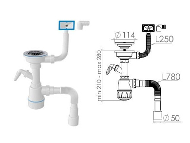 Сифон для кухни с прямоугольным переливом, выпуск 3 1/2, с гибкой трубой 1-1/2'' - 40/50мм, AV Engineering AVE129740