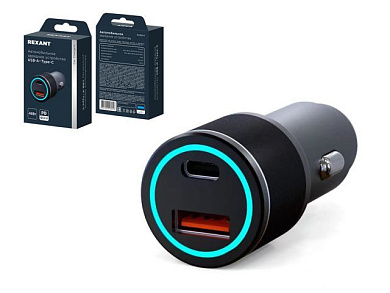 Устройство зарядное автомобильное c двумя портами, USB-C + USB-A c LED-подсветкой, 48Вт REXANT 18-2230-5