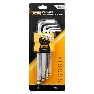 Набор ключей Г-образных HEX (6-гр) длинных с шаром, 9 пр., 1.5-10 мм JCB JCB-5093LB