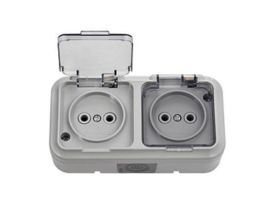 Розетка 2-ая (открытая, б/з, брызг. защ.) серая, Пралеска Аква, (IP54 пылебрызгозащищенные, прозрачная крышка) Bylectrica РА16-302(02)