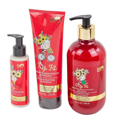 Набор косметики, шампунь-реконструктор 490 мл, бальзам -реконструктор для волос 250 мл, Goji Fit Эмульсия для кончиков волос восстанавливающая 110 мл Bio World BW-1