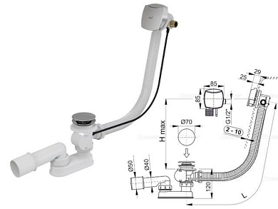Сифон для ванны с напуском воды через перелив, металл - пластик, Alcaplast A564CRM1