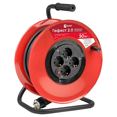 Удлинитель на катушке "Гефест 2,0" 4 гнезда 30м с заземлением и предохранителем КГ 3*1,5 16А/3,5кВт PROxima UKG02-16-R315-4-30