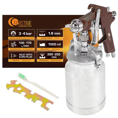 Краскораспылитель 3-4бар, с нижним металлическим бачком 1000 мл, сопло 1.8 мм FORSTIME FT-S-770S