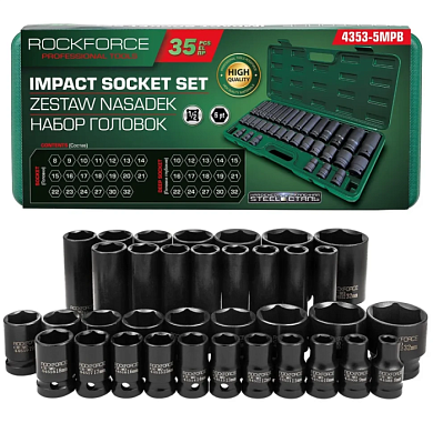 Набор ударных головок 35 пр. 1/2" 6-гр, L38 мм: 8-32 мм, L78 мм: 10-32 мм RockForce RF-4353-5MPB
