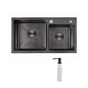 Мойка нерж. сталь, прямоугольная двухчашевая, 780*430мм, черный, PVD покрытие, мойка справа (3,2мм) AKS 106649