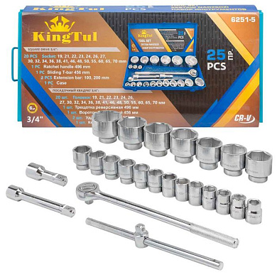 Набор торцевых головок 25 пр. 3/4'' 6-гр. 19-70 мм, в металл.кейсе KINGTUL KT-6251-5
