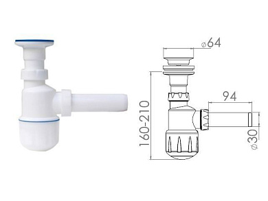 Сифон для умывальника, выпуск 64 мм, с отводом 32 мм, AV Engineering AVE129749