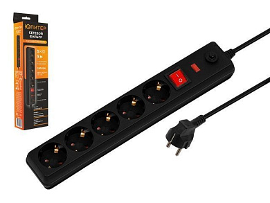 Фильтр сетевой 5м, 5 роз., 2,2кВт, с/з, выкл, ПВС 3х0,75 черный Юпитер JP8501-12