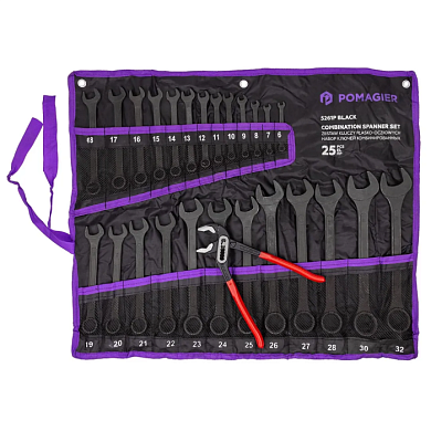 Набор комбинированных ключей 6-32 мм, пассатижи 250 мм, 26 пр POMAGIER POM-5261P+1 BLACK