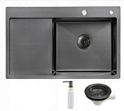 Мойка нерж. сталь, прямоугольная одночашевая, 780*490мм, графит, PVD покрытие, мойка справа, с крылом (3,2мм) AKS 106650