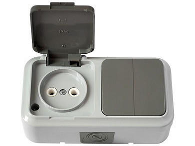 Блок выкл. 2 клав. + розетка (открытая, б/з, брызг. защ.) серая, Пралеска Аква, (IP54 пылебрызгозащищенные) Bylectrica 2В-РЦ-655(03)